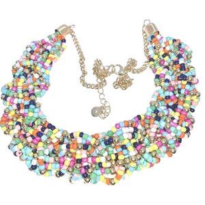 Multi-Strand Seeded Statement Collar Necklace Blue Pink White Gold Yellow Green
